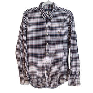 Ralph Lauren Gingham Plaid Color Pony Button Up Shirt Men Medium Blue Red Preppy